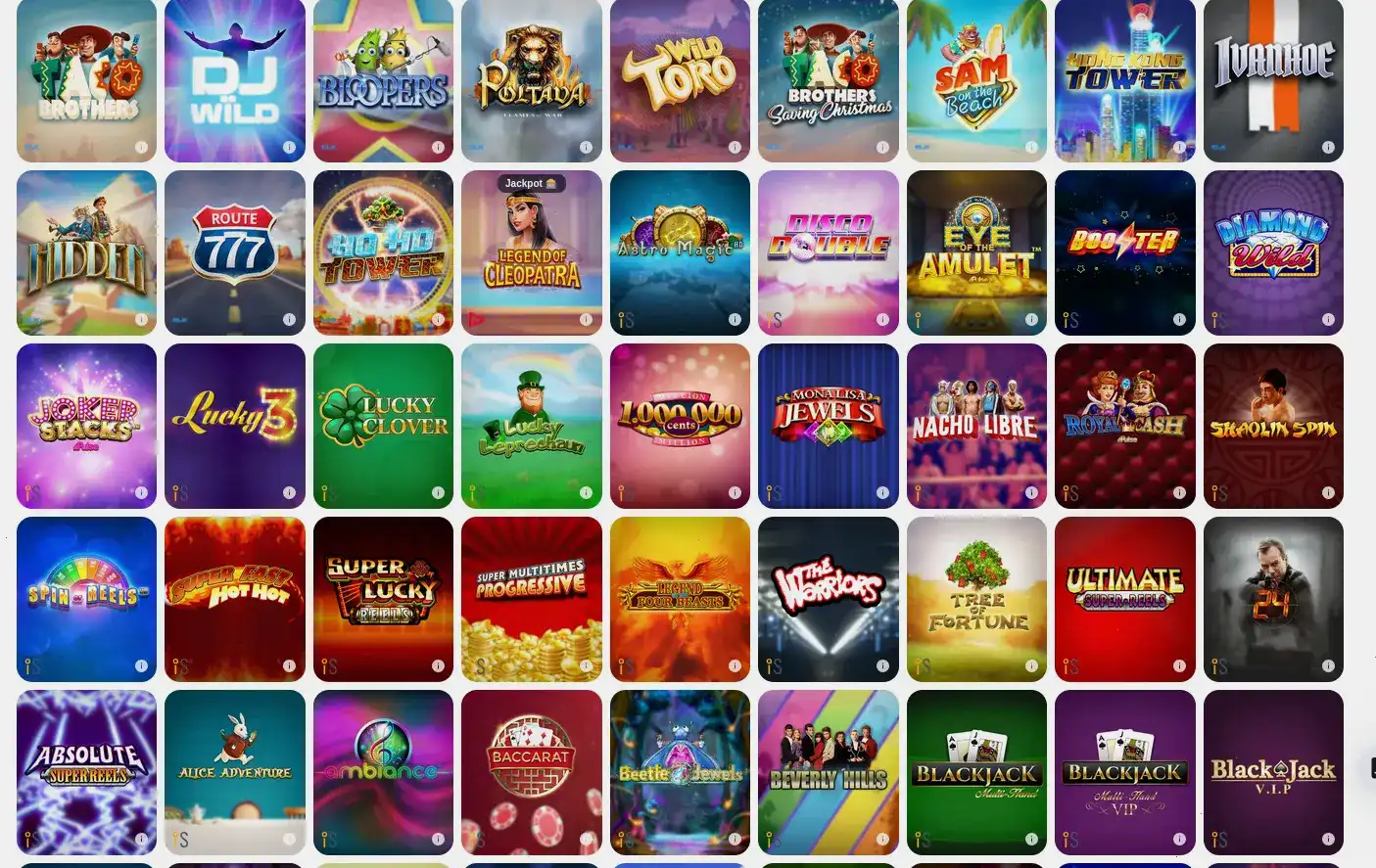 Интерфейс игрового зала Zeon casino с множеством слотов